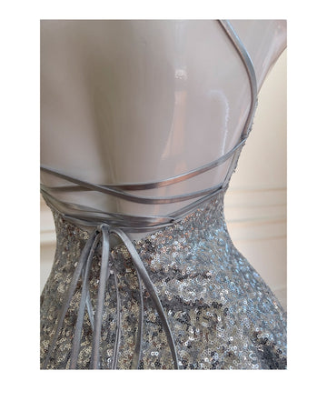 Niulatu Silver Halter Neck A-Line Sequin Short Prom Dresses Formal Evening Gowns HZ1031